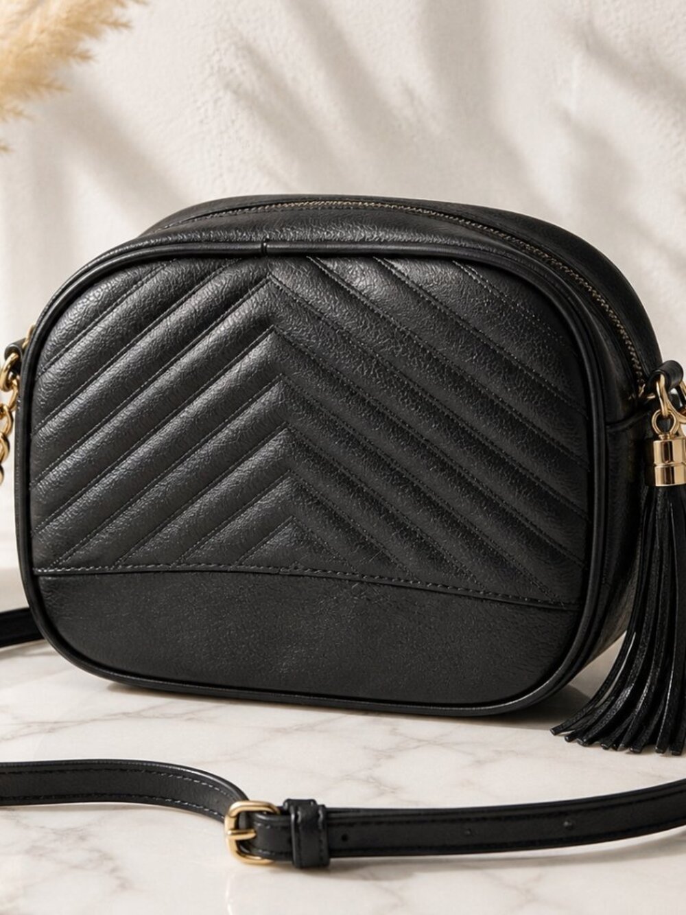 charcoal / deep brown chevron quilted crossbody bag chain small tassel purse
